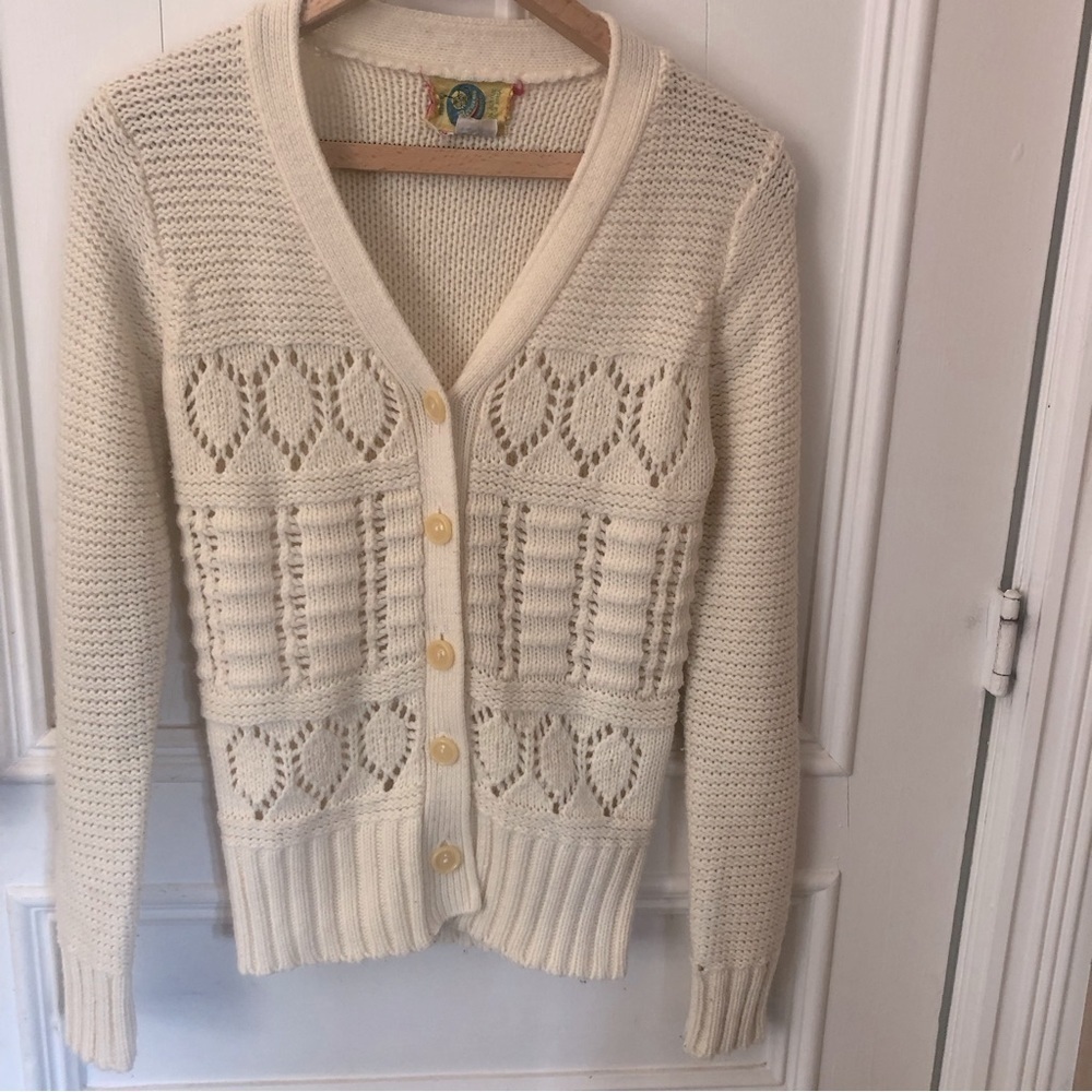VINTAGE Cottagecore Fisherman Knit Coastal Cream Cardigan Small